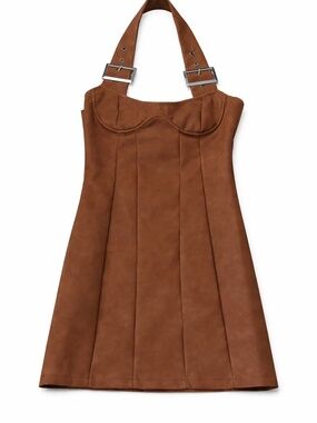 PrettyLittleThing Faux Leather Corset Mini Dress Brown Buckle Straps Bodycon Y2K